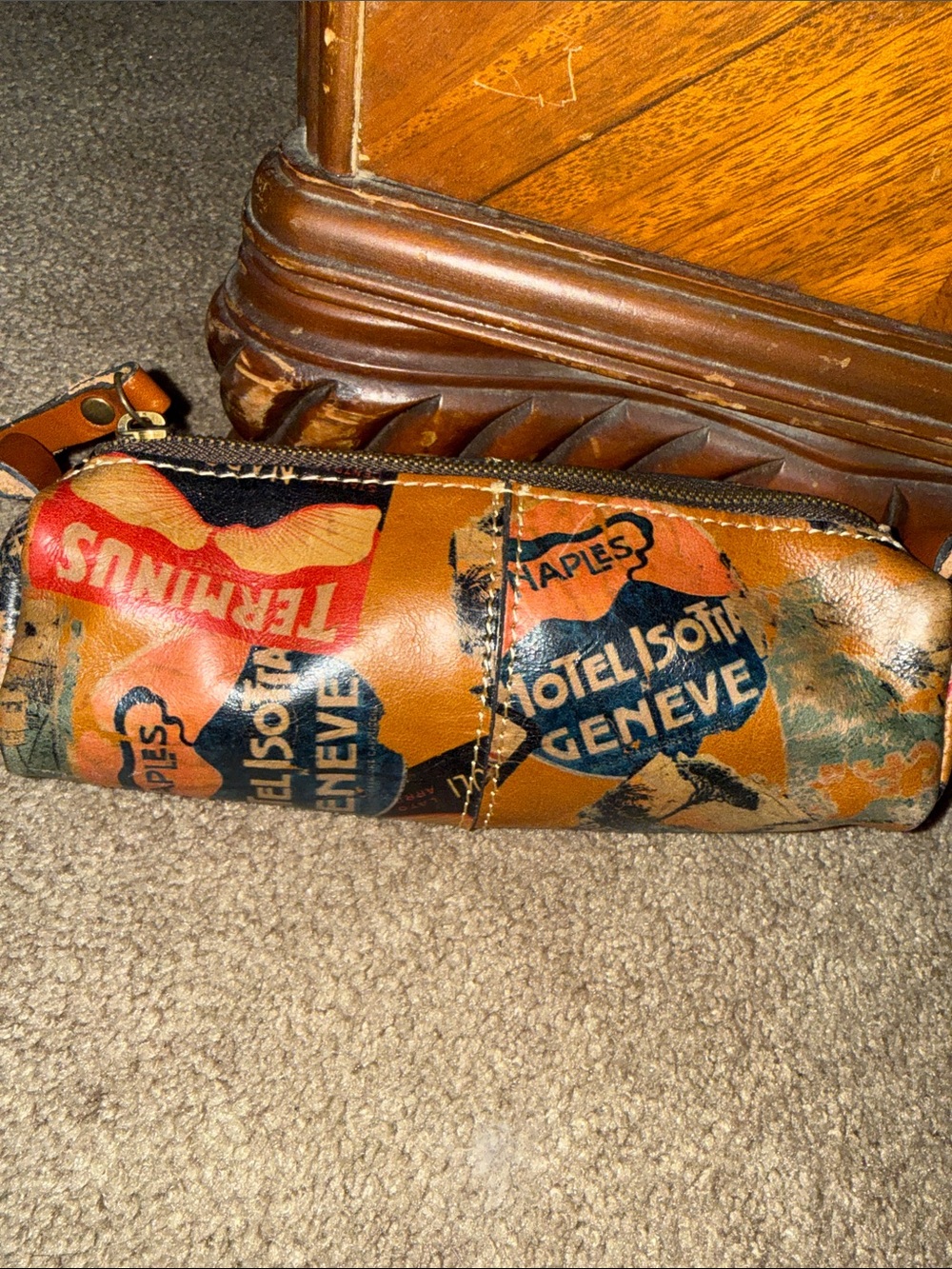 Patricia Nash Brown & Black Vintage Travel-Label Wristlet Clutch